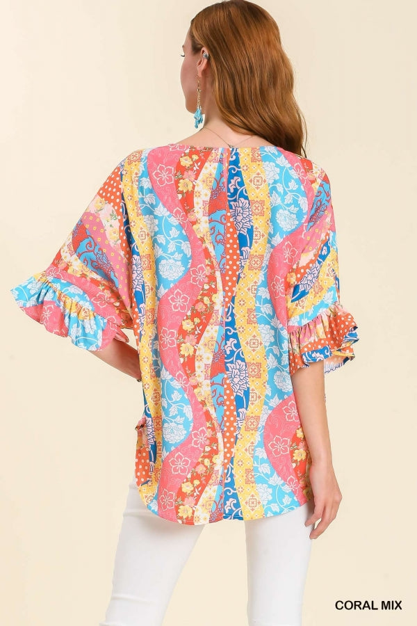 Angee Mixed Print Blouse in Coral
