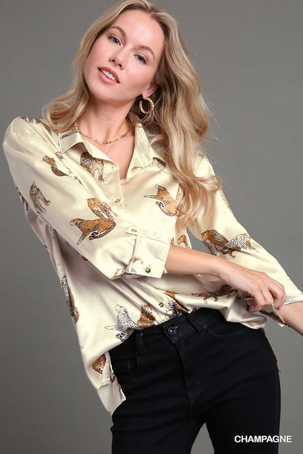 Alexis Satin Animal Print Button-Down Top in Champagne