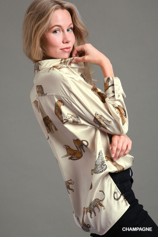 Alexis Satin Animal Print Button-Down Top in Champagne