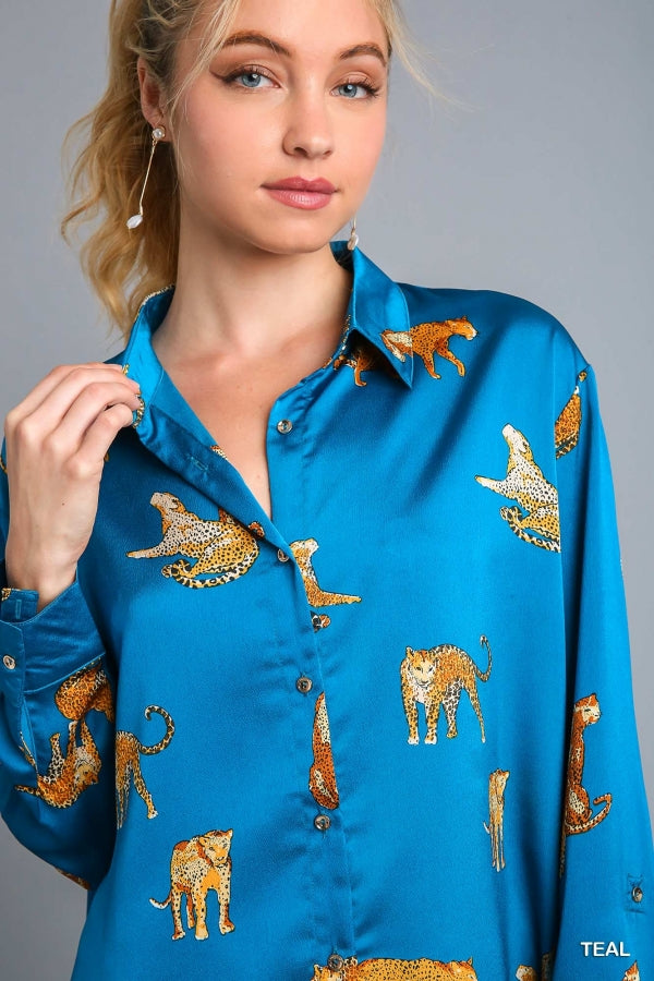 Alexis Satin Animal Print Button-Down Top in Teal