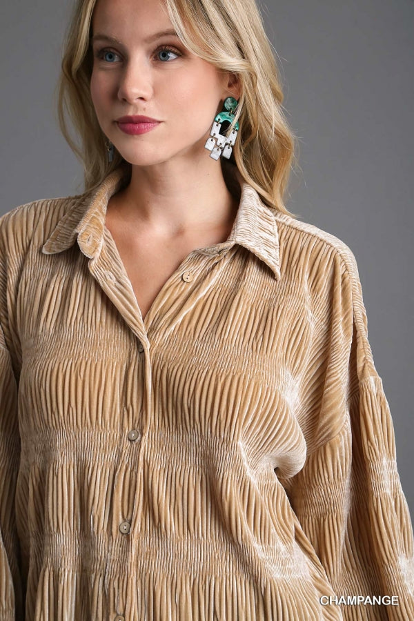 Brittany Tiered Gather Smocked Velvet Top in Champagne