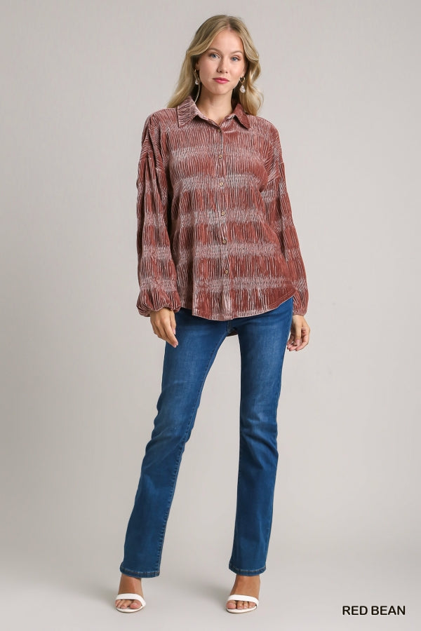 Brittany Tiered Gather Smocked Velvet Top in Red Bean