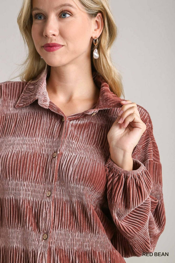 Brittany Tiered Gather Smocked Velvet Top in Red Bean