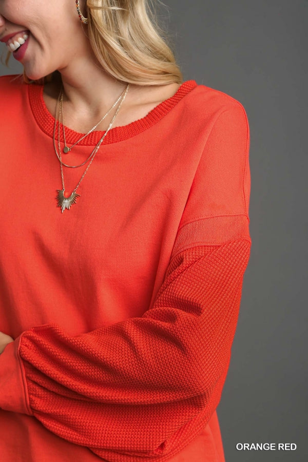 Olivia French Terry & Waffle Knit Top in Orange Red - Our Stuff
