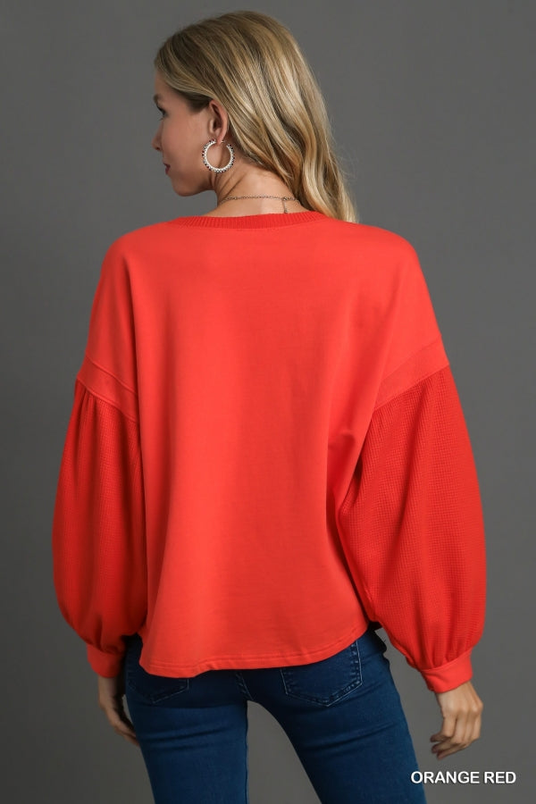 Olivia French Terry & Waffle Knit Top in Orange Red - Our Stuff