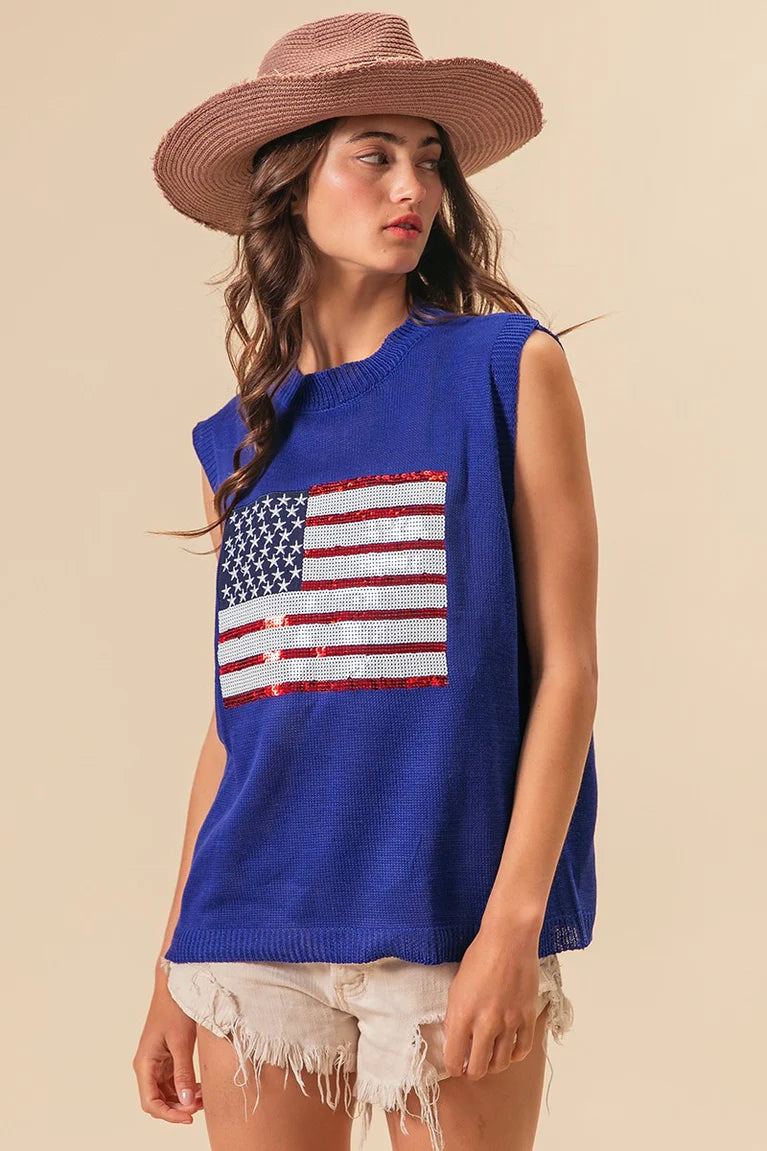 Blue USA Flag Sequin Top IT1050S-01