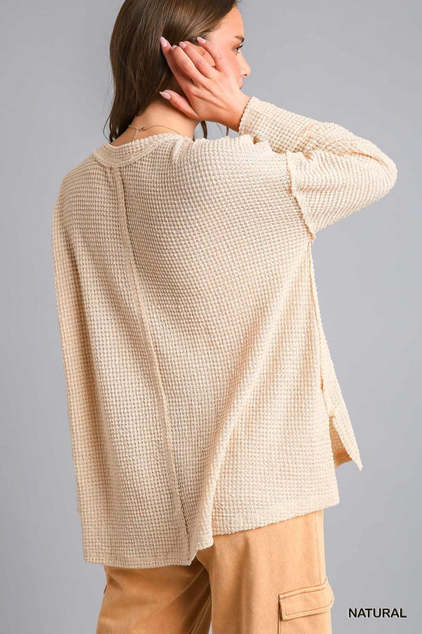 Ralie Waffle Knit Reverse Seam Top in Natural