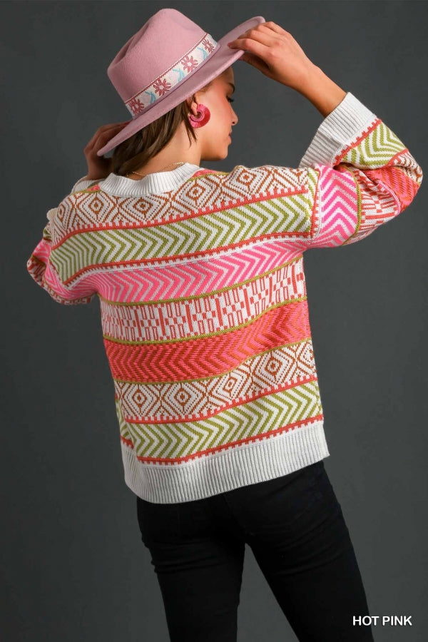 Ashton Aztec Print Crew Neck Sweater in Hot Pink