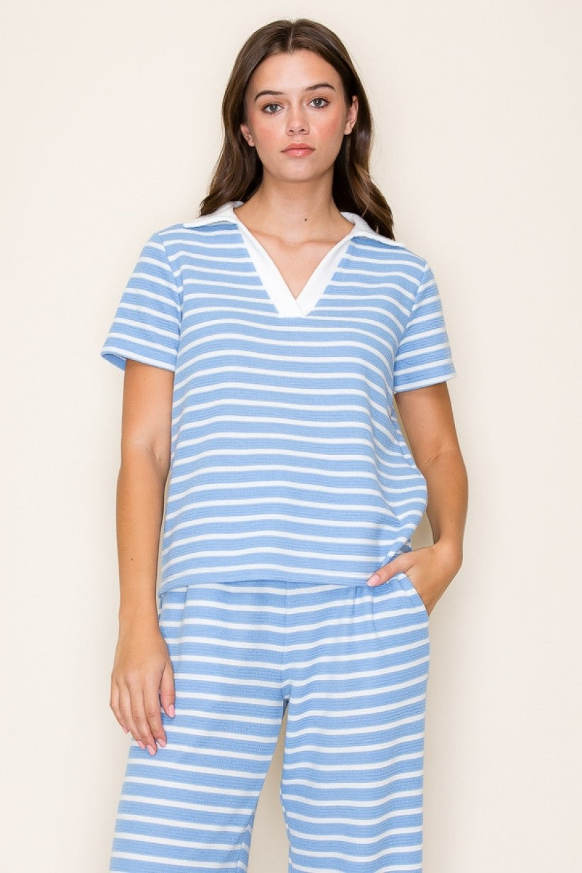 Blue Striped Cloudy Knit Top T-41618