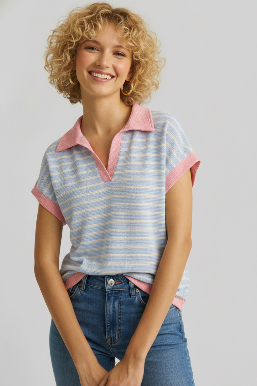 Collard Stripe Knit Top T-42352