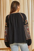 SJ Embroidered Tunic Top with Striped Balloon Sleeves