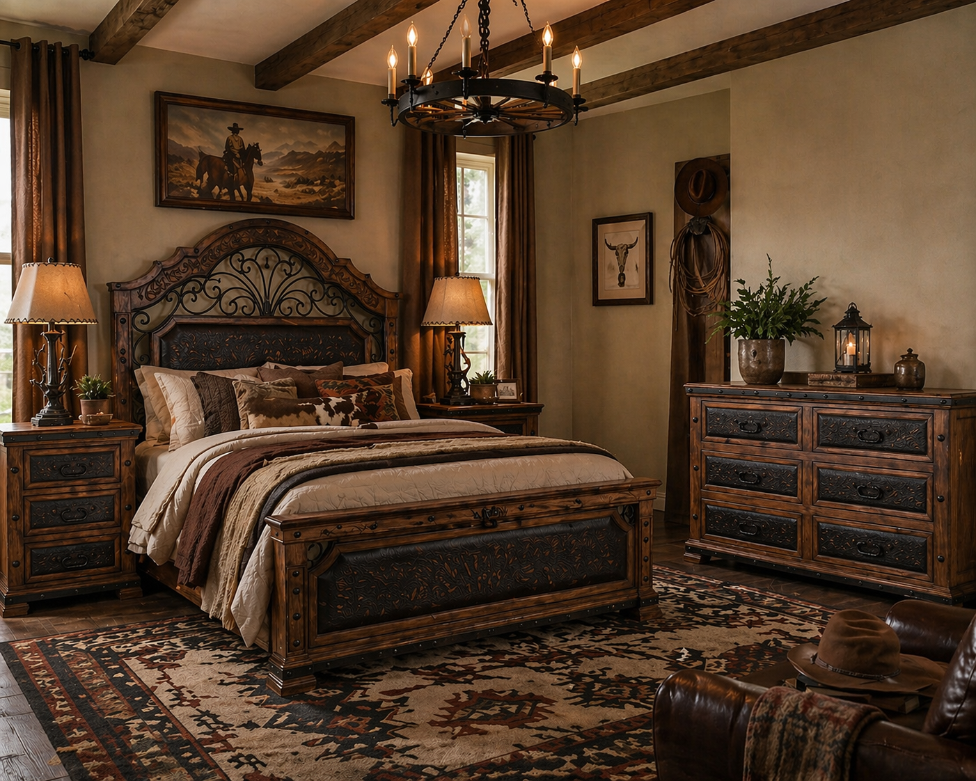 Tooled Leather King Size Bedroom Furniture Set