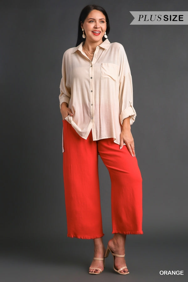 Mary Cropped Wide Leg Pants with Frayed Hem in Orange