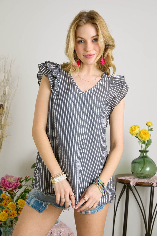 Vicky Lee Striped Ruffle Top in Black
