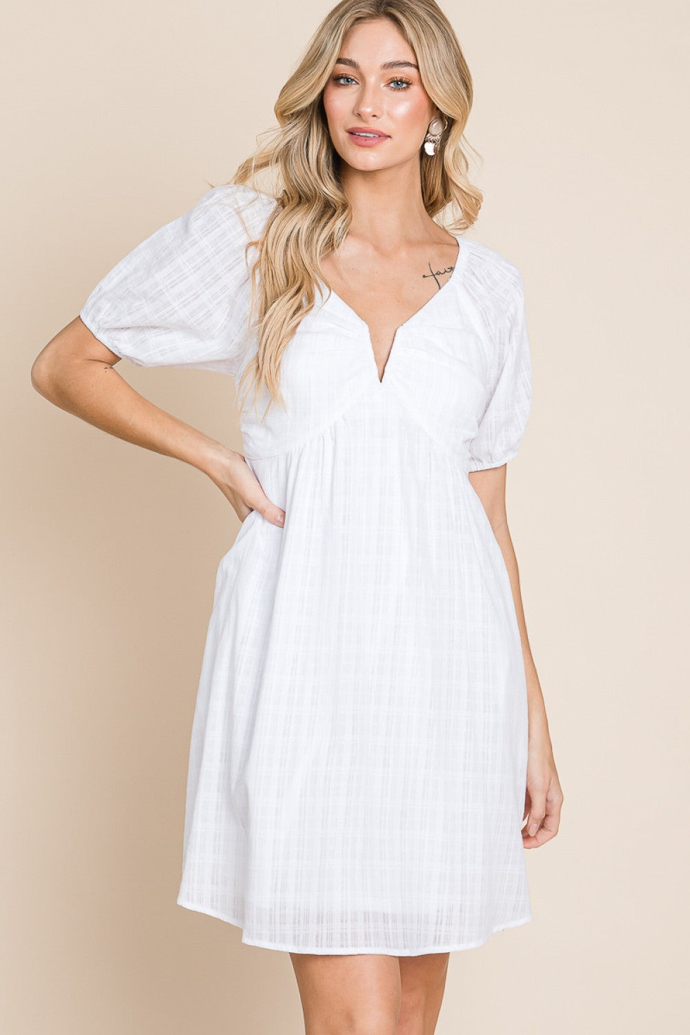 Hey Lady Bubble Sleeve Dress in Off White