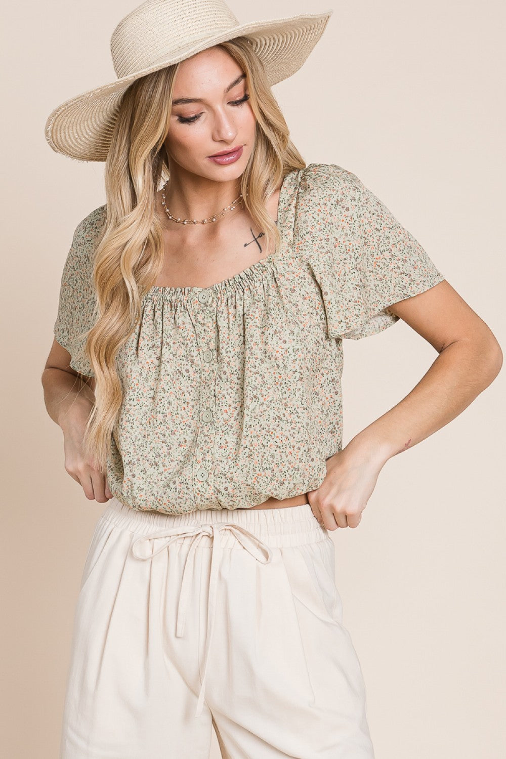 Hey Lady Floral Bell Sleeve Blouse in Sage