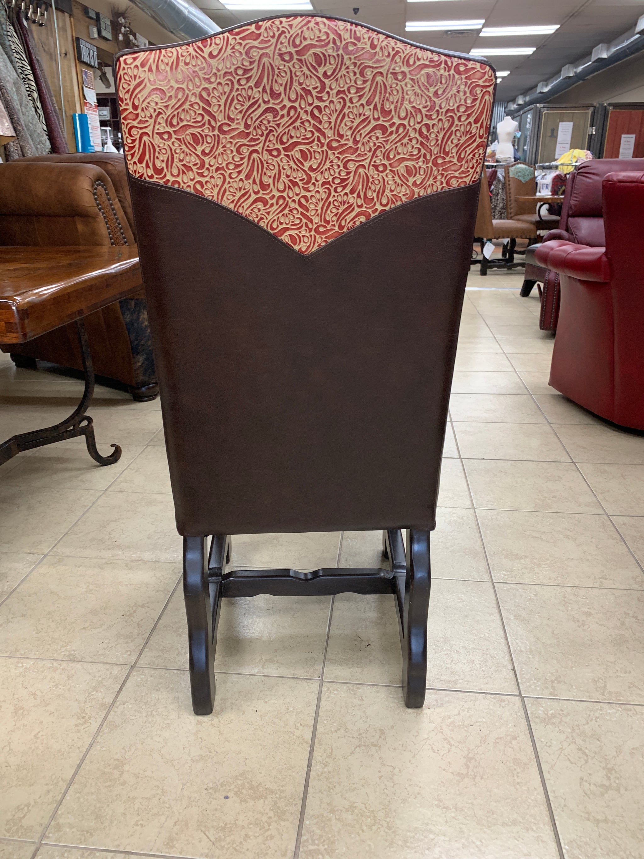 Custom Tooled Dining Room Chair in Dark Leather with Crimson Tooling