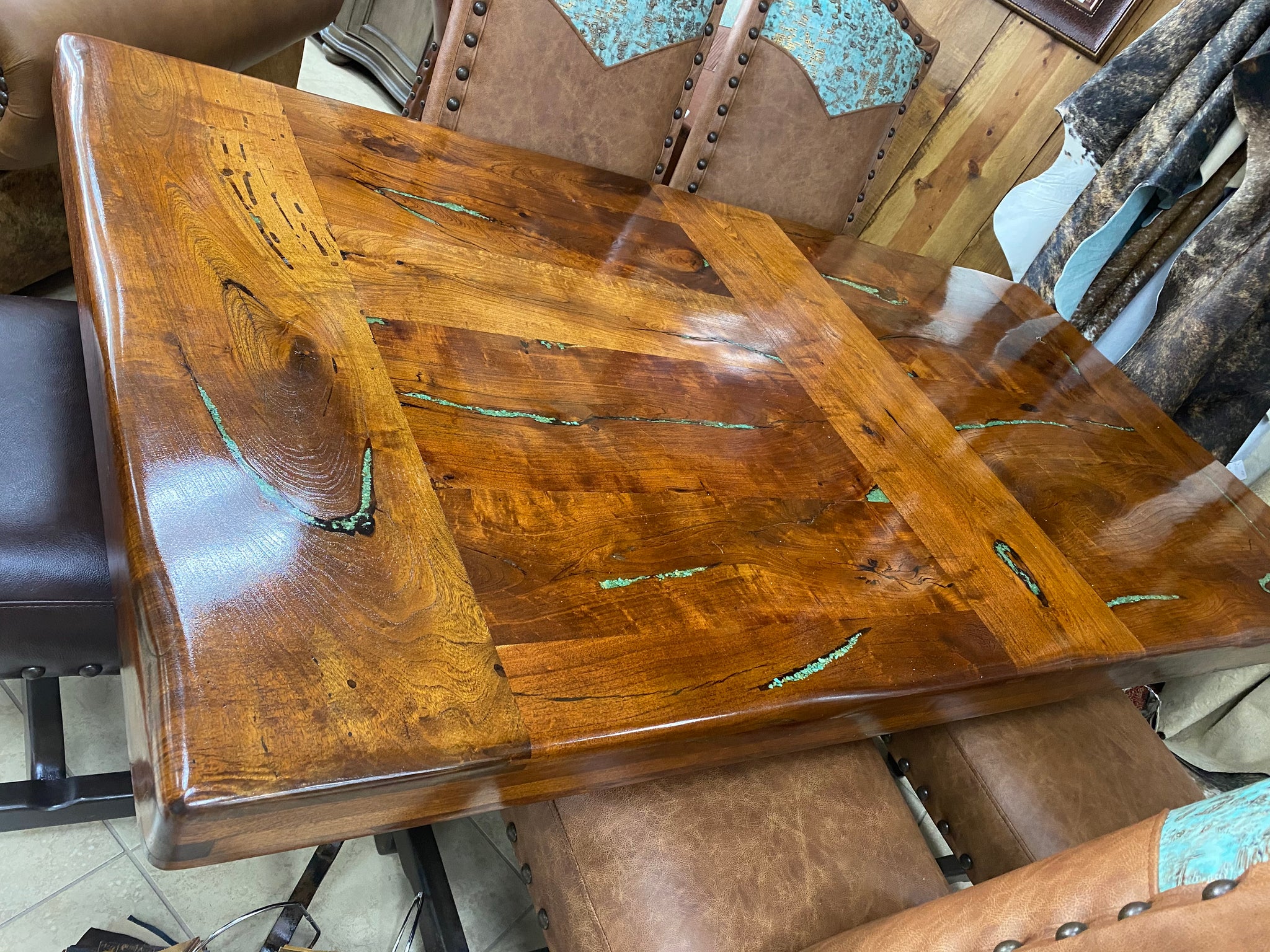Custom Mesquite Dining Table with Turquoise Inlay