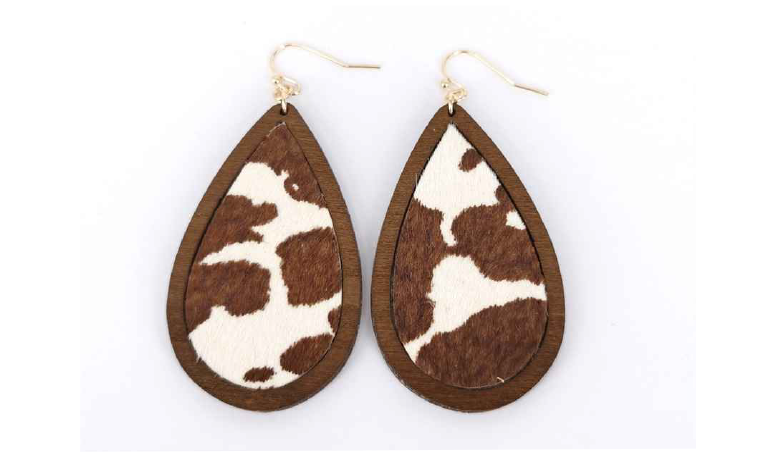 Wild Flower Brown Cow Print Wooden Tear Drop Earrings