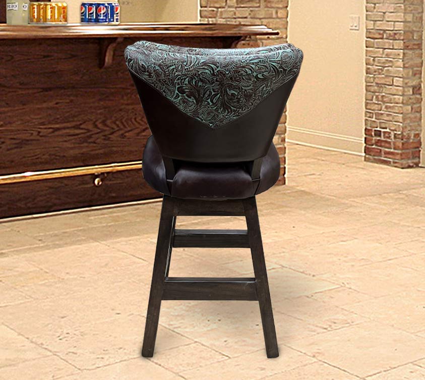 Custom Leather Barstool With Turquoise Tooled Yoke