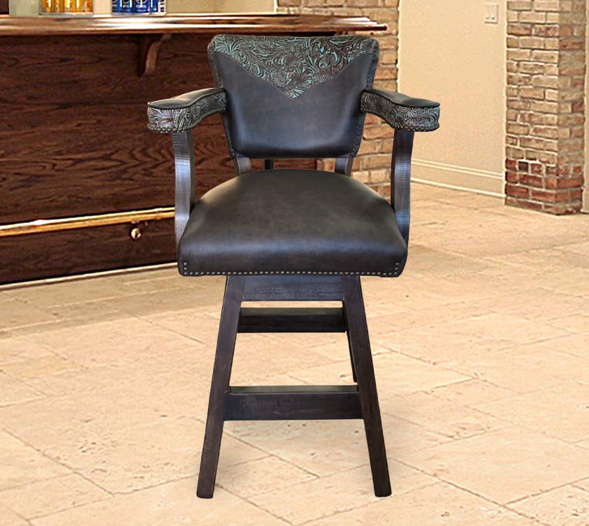 Custom Leather Barstool In Dark Brown With Turquoise Tooled Yokes