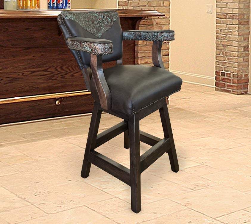 Custom Leather Barstool In Dark Brown With Turquoise Tooled Yokes