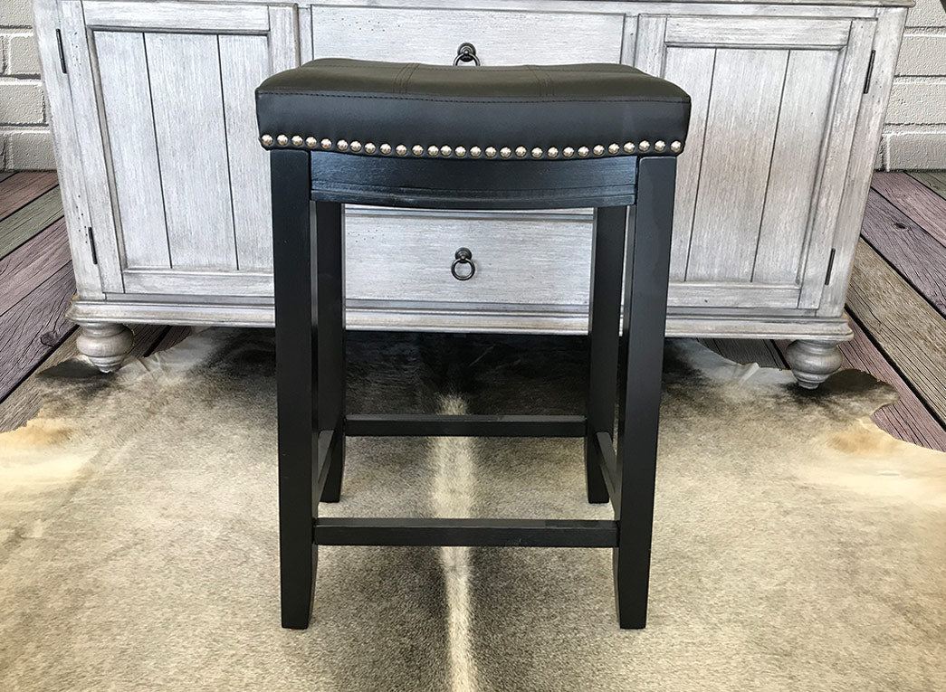 Black Leather Seated Wooden Stool