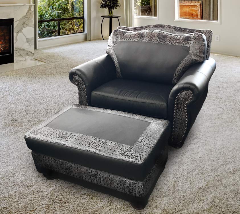 Custom El Dorado Chair-and-a-half in Black Leather With Trim
