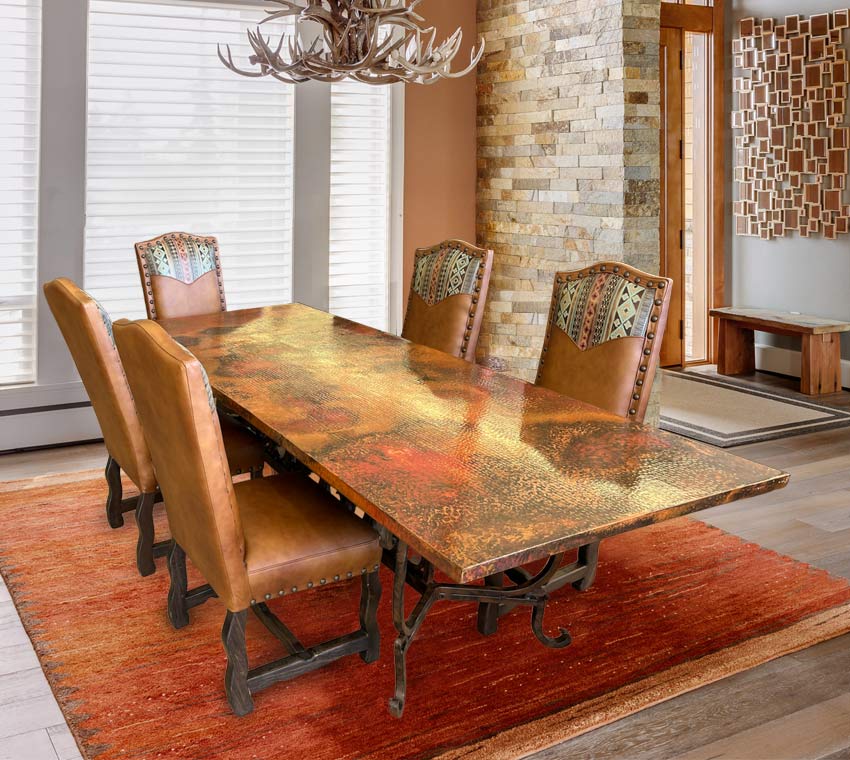 Custom Hammered Copper Dining Table With Lyre Iron Base