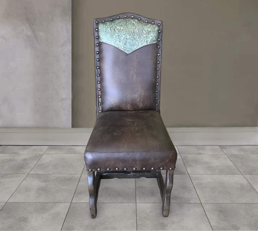 Custom Leather Dining Room Chair in Vintage Brown & Paisley