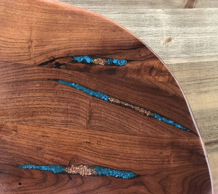 Custom Mesquite Wood Lazy Susan With Copper & Turquoise Inlay