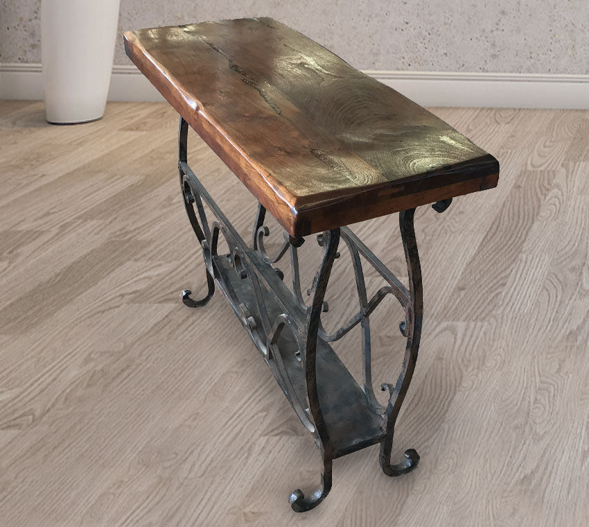 Custom Mesquite Side Table With Magazine Storage & Copper Inlay