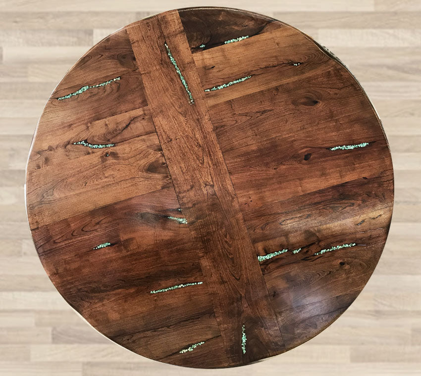 Custom Mesquite Round Dining Table With Turquoise Inlay