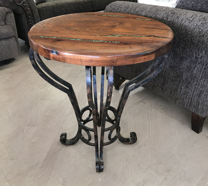 Custom Mesquite Side Table With Turquoise Inlay
