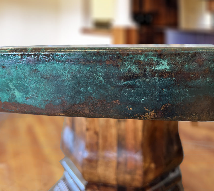Custom Hammered Copper Dining Table With Octagon Wooden Base
