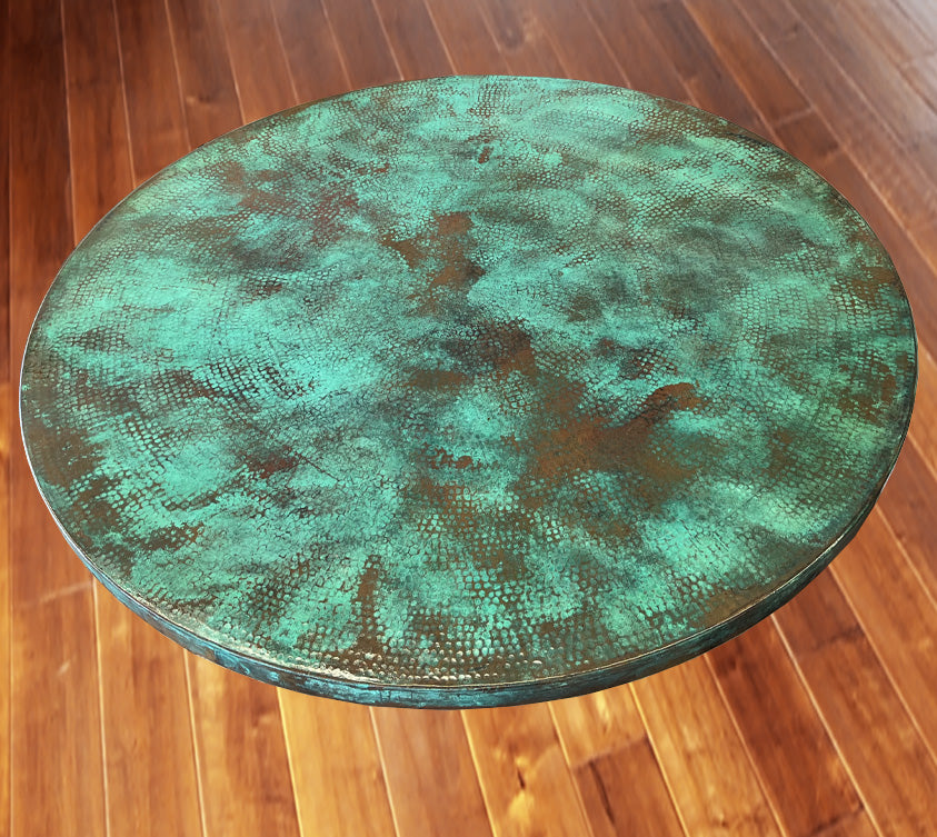 Hammered Copper Dining Table Top Mounted on a Trestle Style, Double  Pedestal Wood Table Base - 132