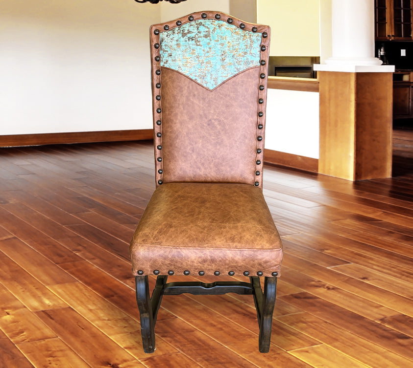 Custom Leather Dining Room Chair in Fargo Whiskey & Driftwood Moonlight
