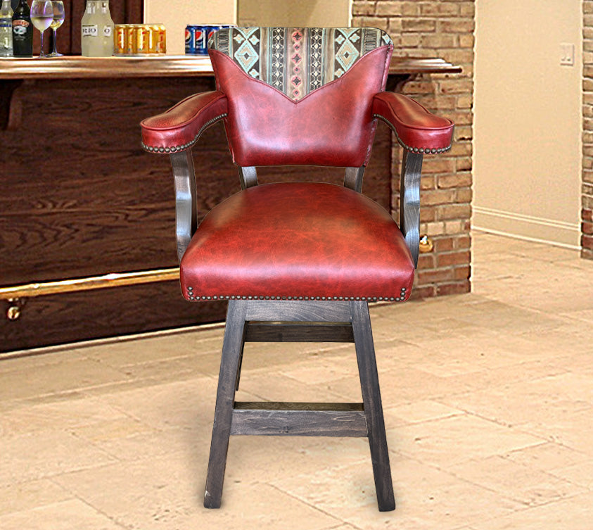 Custom Leather Barstool In Red Rock With Aztec Yokes