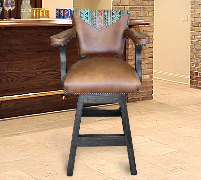 Custom Leather Barstool In Monaco Honey With Front and Back Aztec Yokes