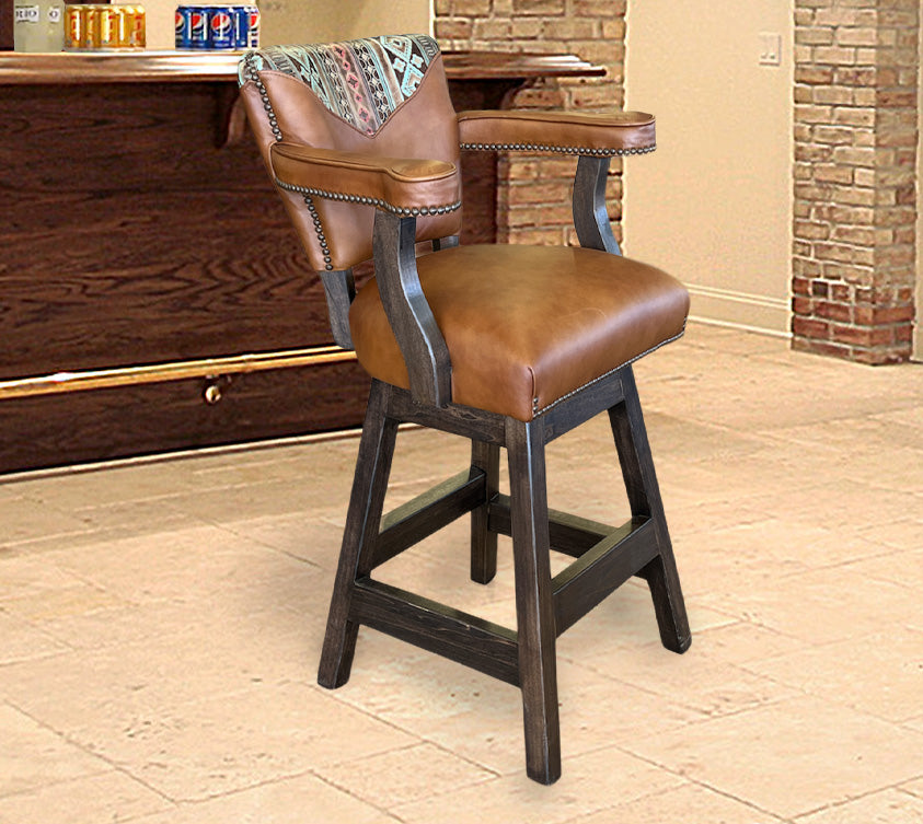Custom Leather Barstool In Monaco Honey With Front and Back Aztec Yokes