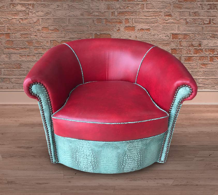 Custom Barrel Chair in Pomegranate Red & Antique Croc Turquoise