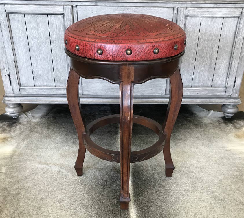 Western Stamped Leather Wooden Barstool in Red