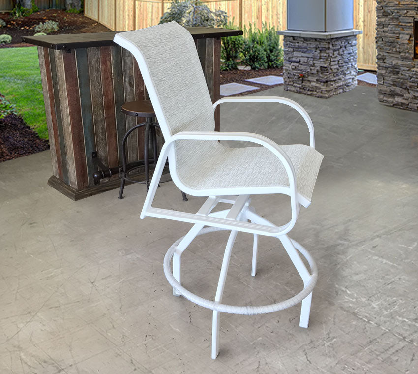 Cabo Sling Swivel Bar Chair in White & Natural Weave Color